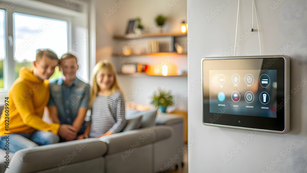 Close Up Portrait of a Smart Home Control Panel with Family Relaxing in Background, Soft Glowing Interface Showcasing Weekend Tech Life and Copy Space for Creative Concepts. Close Up Portrait of a Smart Home Control Panel with Family Relaxing in Background, Soft Glowing Interface Showcasing Weekend Tech Life and Copy Space for Creative Concepts.
