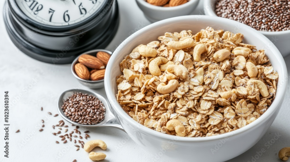 A bowl of oatmeal with cashews, chia seeds, flax seeds, and almonds, next to a clock. A bowl of oatmeal with cashews, chia seeds, flax seeds, and almonds, next to a clock.