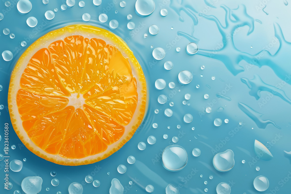 A slice of orange is floating in a pool of water A slice of orange is floating in a pool of water