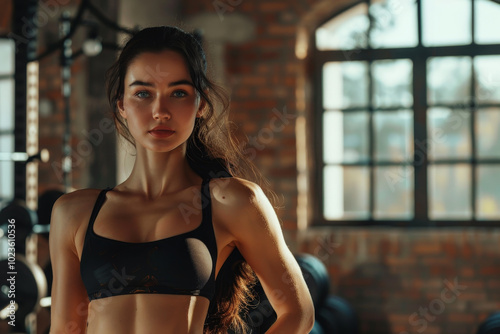 A woman in a black tank top poses in front of a brick wall