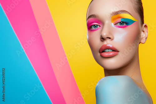 Concept of fun and creativity, as the woman's makeup is vibrant and eye-catching