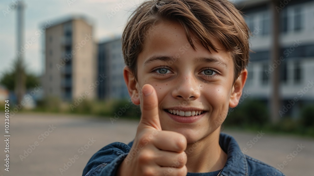 A young europan boy shows a thumbs up gesture. A young europan boy shows a thumbs up gesture.