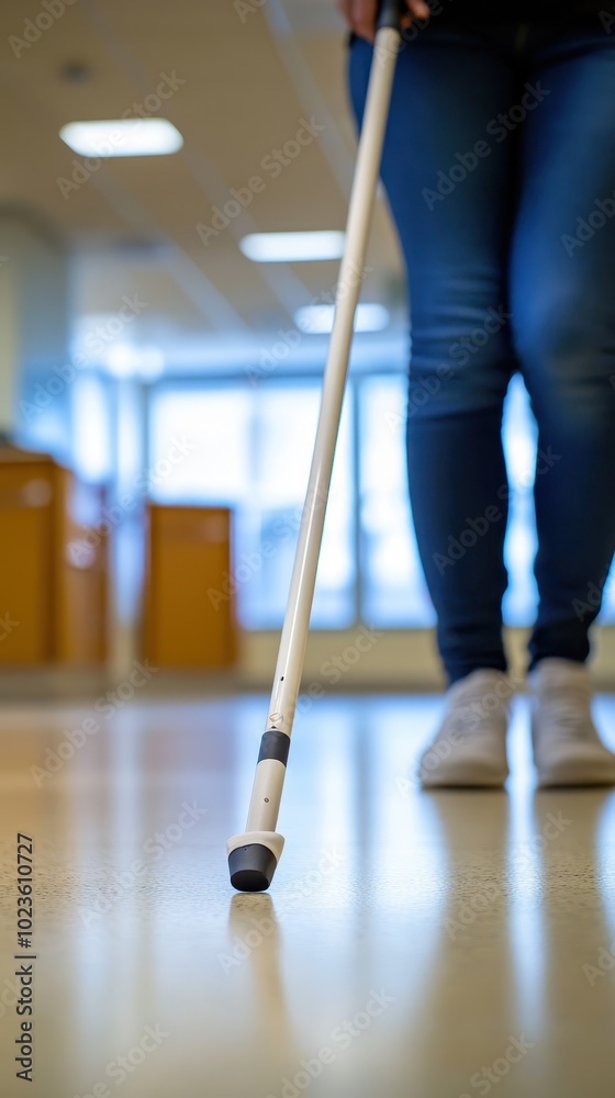 Obraz premium A person with a white cane is carefully walking through a well-lit area