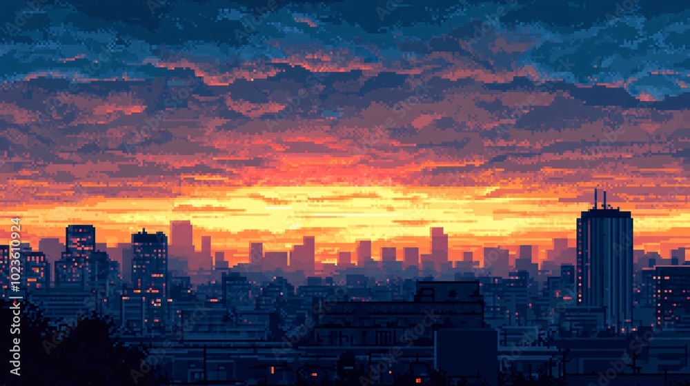 Obraz premium Vibrant Pixel Art Cityscape at Sunset With Dramatic Sky