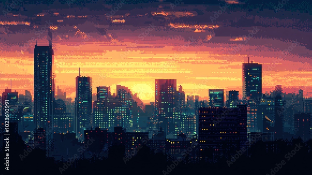 Fototapeta premium Vibrant Pixel Art Cityscape at Sunset With Colorful Sky