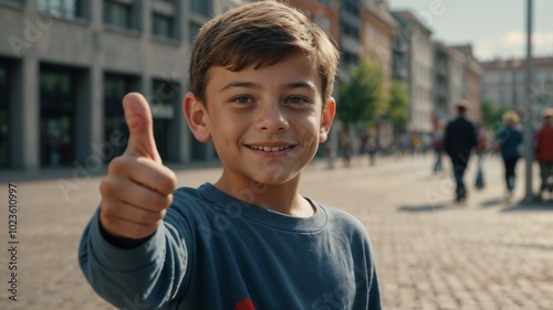 A young europan boy shows a thumbs up gesture. photo