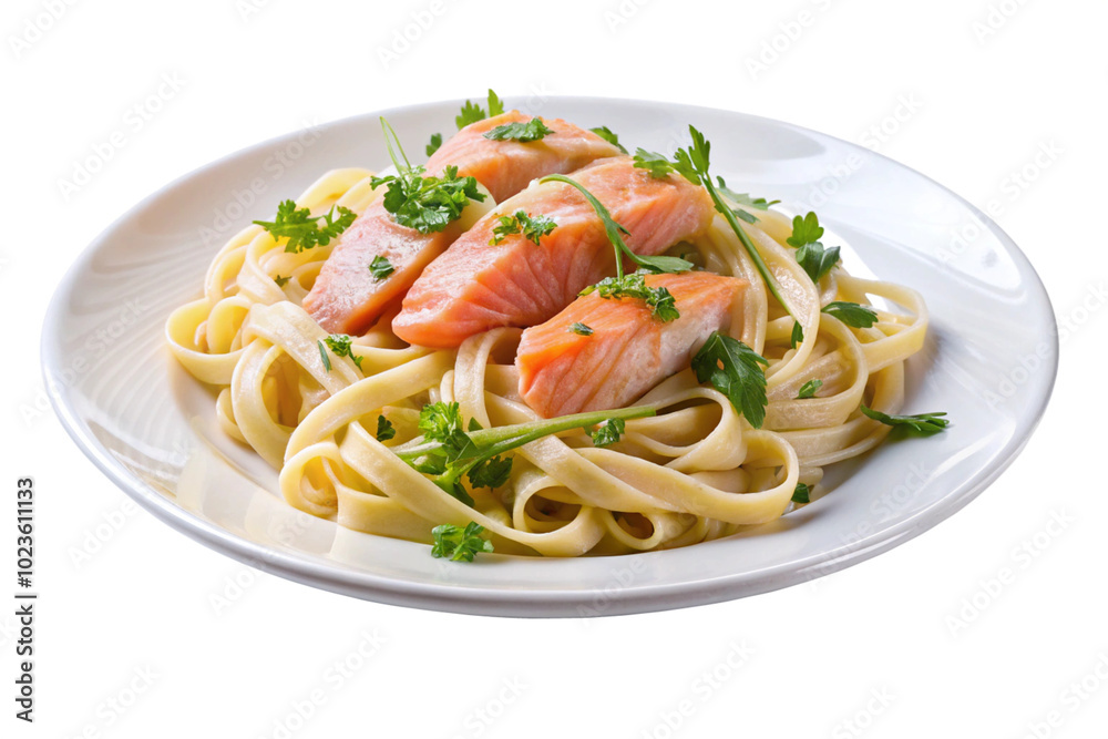 A plate of pasta with a piece of salmon png A plate of pasta with a piece of salmon png