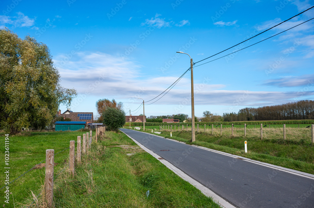 Fototapeta premium Road throguh farmland passing by farmhouses at the Flemish countryside around Zottegem, East Flanders, Belgium
