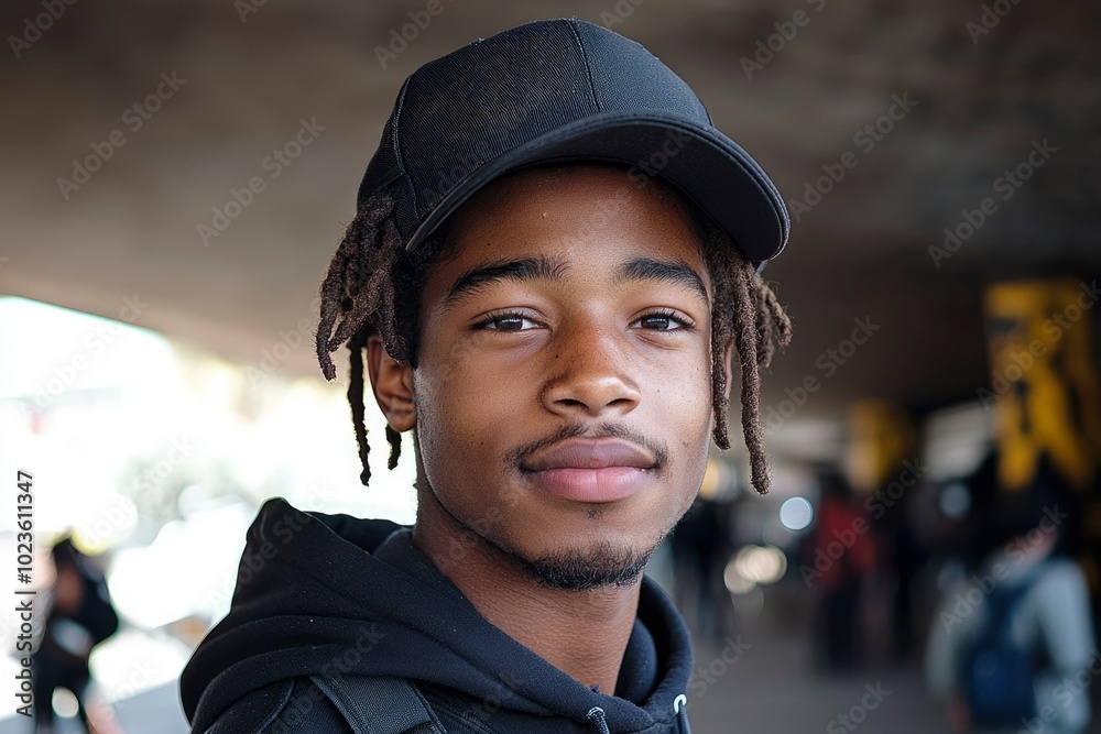 Close-up Portrait of a Young Man Wearing a Black Cap and Hoodie
