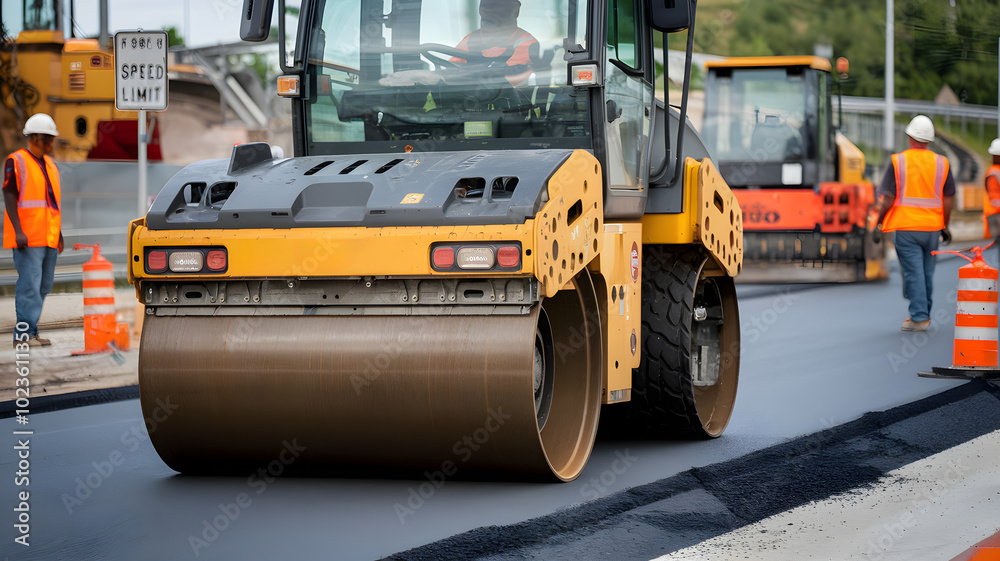 Heavy Roller Compactor Presses Down Asphalt on Construction Site Heavy Roller Compactor Presses Down Asphalt on Construction Site