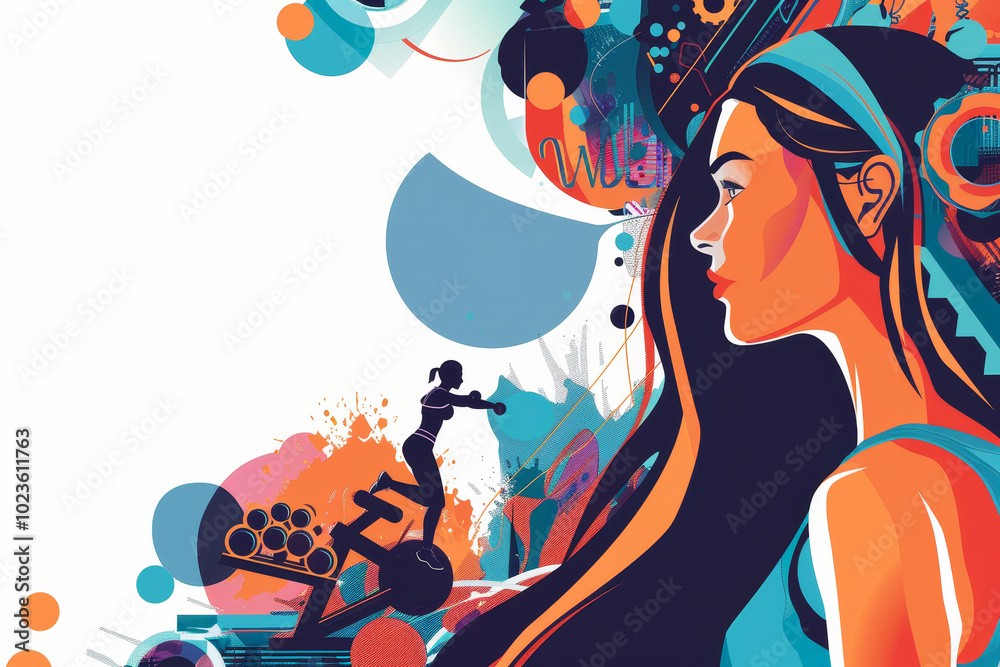 A woman with long hair is shown in a colorful background A woman with long hair is shown in a colorful background