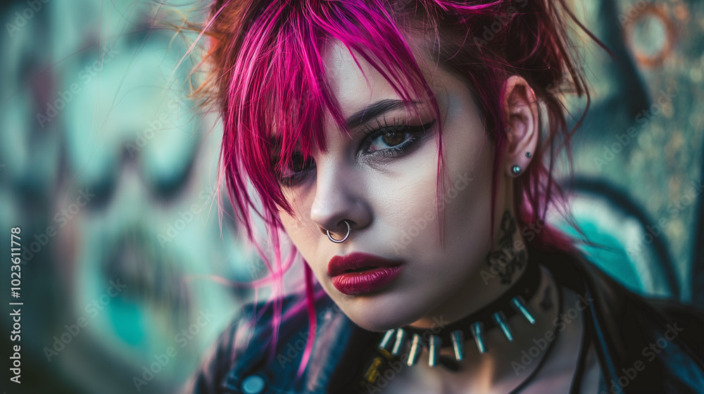 A woman with a nose ring and a black chain around her neck A woman with a nose ring and a black chain around her neck