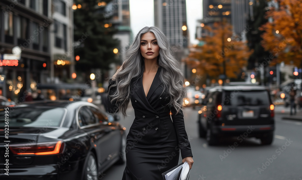 Glamorous Professional Woman with Luxurious Silver Hair on the Go in a Busy City