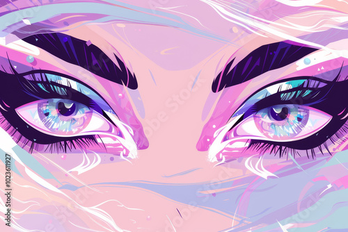 A woman's eyes are drawn in a cartoonish style with purple and blue colors