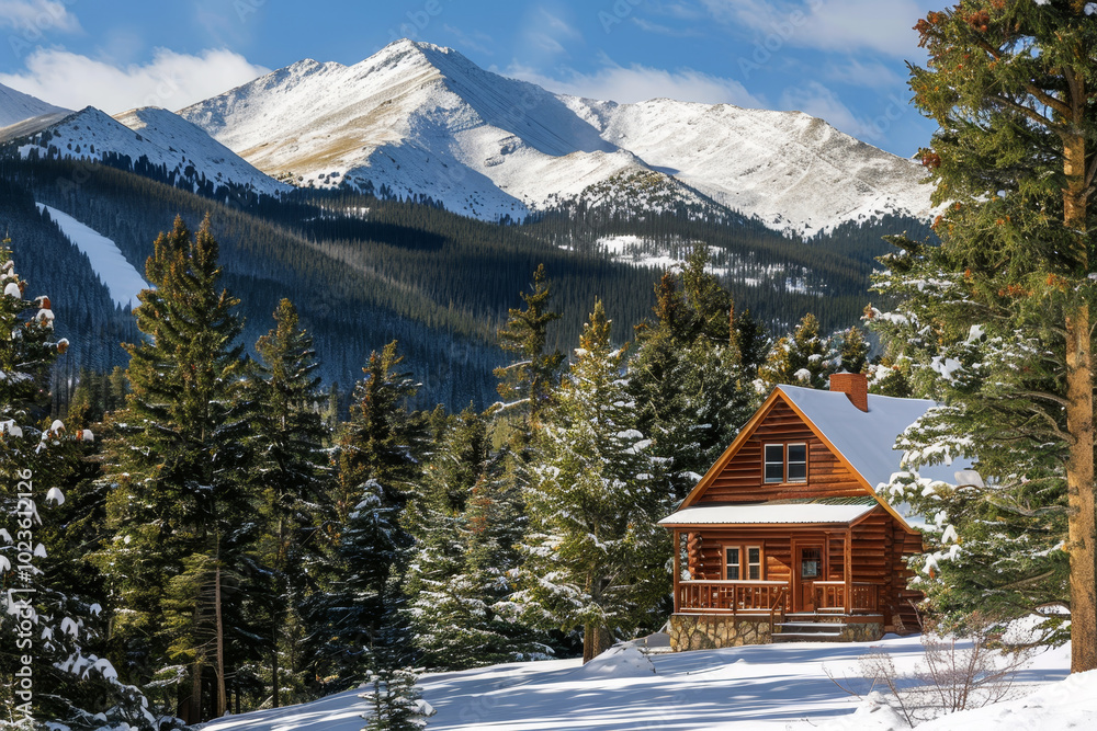 A cabin in the woods with a snowy mountain in the background A cabin in the woods with a snowy mountain in the background