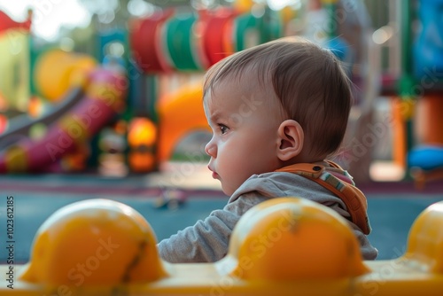 Baby boy is looking away from the camera while playing on a colorful playground
