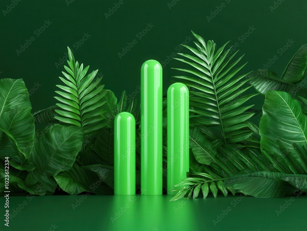 Lush leaves surrounding a glowing green bar chart, symbolizing financial success through sustainable practices Lush leaves surrounding a glowing green bar chart, symbolizing financial success through sustainable practices