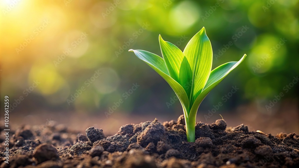 Green lily shoots against soil background Green lily shoots against soil background