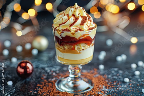 Delicious Tiramisu Dessert with Whipped Cream and Caramel