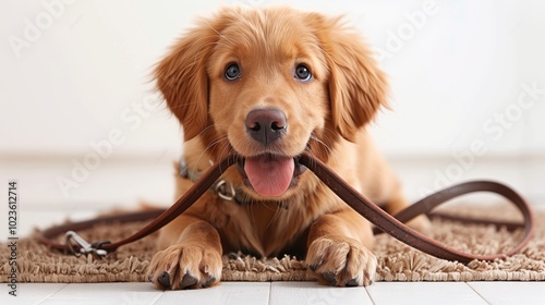 Cute Golden Retriever Puppy Holding Leash Waiting for Walk photo