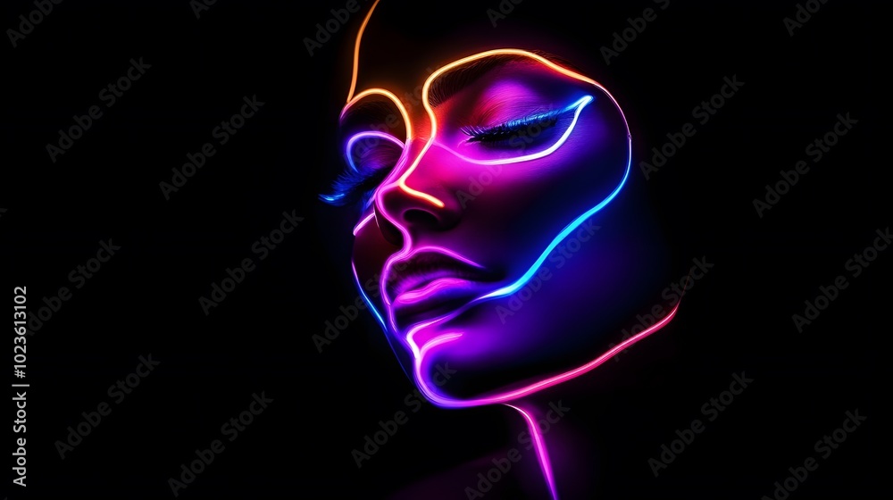 Female Face Illuminated in Neon Form, Black Background, Abstract Image, Texture, Pattern Background, Wallpaper, Cover and Screen of Smartphone, PC, Laptop, 9:16 and 16:9 Format Female Face Illuminated in Neon Form, Black Background, Abstract Image, Texture, Pattern Background, Wallpaper, Cover and Screen of Smartphone, PC, Laptop, 9:16 and 16:9 Format