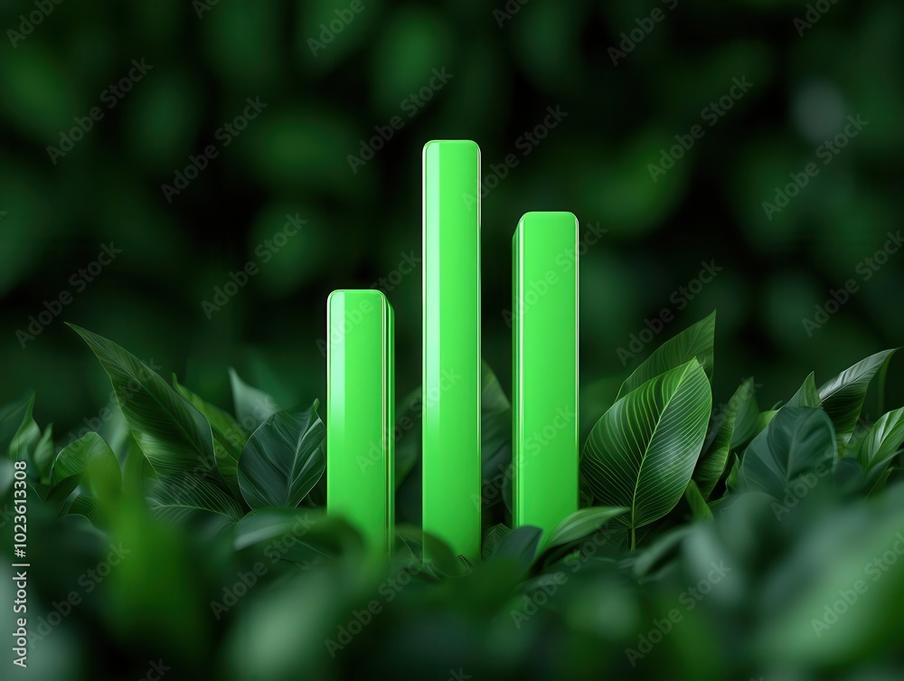 Glowing green bar chart emerging from a lush bed of leaves, symbolizing eco-conscious business success Glowing green bar chart emerging from a lush bed of leaves, symbolizing eco-conscious business success