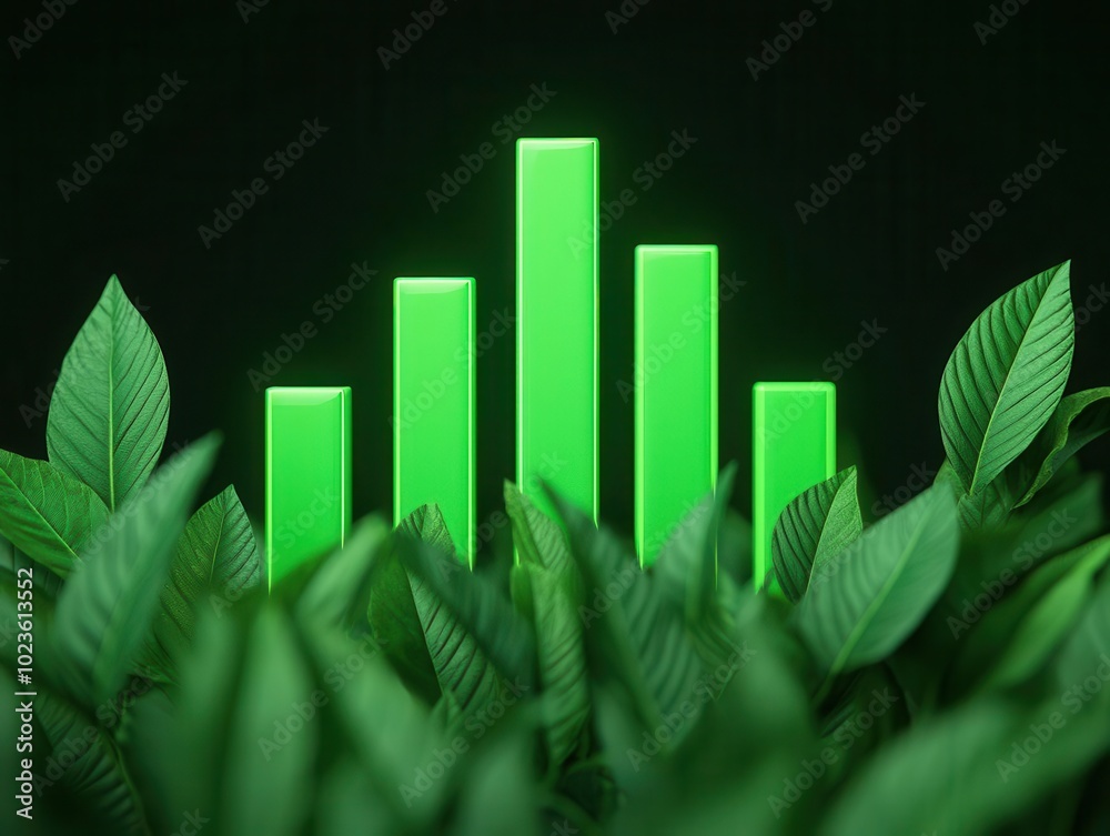 Lush foliage encircling a glowing green bar chart, symbolizing the intersection of nature and financial success