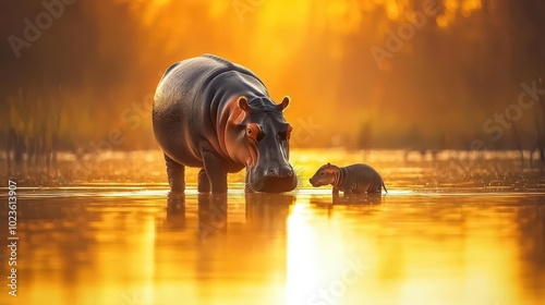 Pygmy hippopotamus mother and calf drinking from a river at dusk, soft golden light, peaceful moment, mother and baby animals, wildlife photography photo