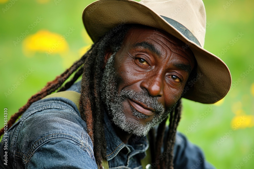 Close-up Portrait of a Man with Dreadlocks and a Hat, Smiling Softly Close-up Portrait of a Man with Dreadlocks and a Hat, Smiling Softly