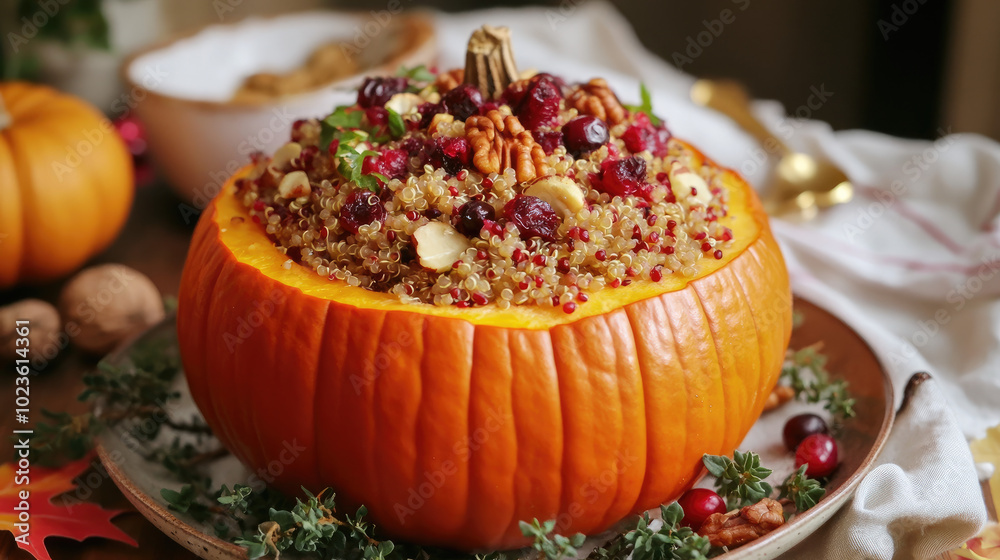 A baked stuffed pumpkin filled with quinoa, cranberries, and nuts, served on a platter as a festive autumnal dish, perfect for holiday celebrations. A baked stuffed pumpkin filled with quinoa, cranberries, and nuts, served on a platter as a festive autumnal dish, perfect for holiday celebrations.