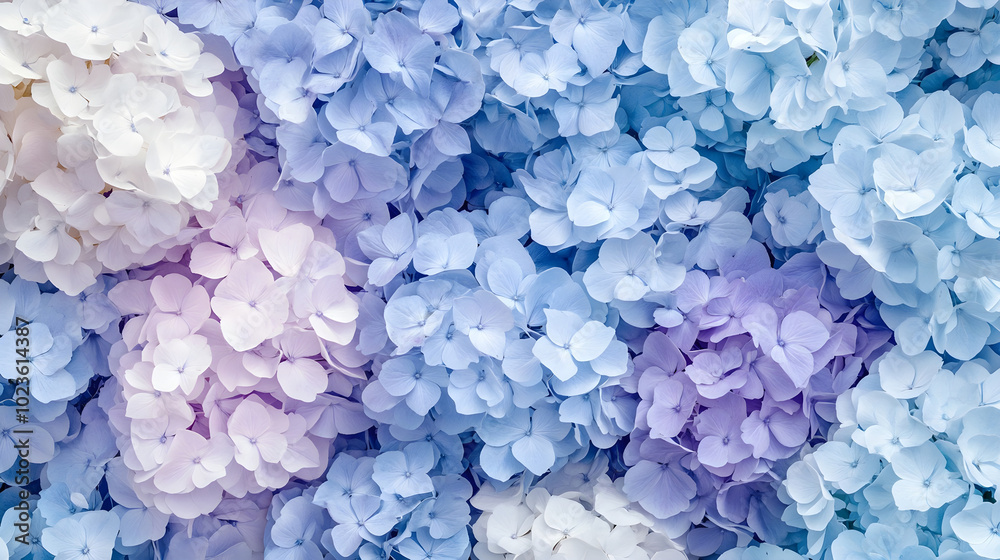A soft pastel background covered with blooming hydrangeas in shades of blue and purple A soft pastel background covered with blooming hydrangeas in shades of blue and purple
