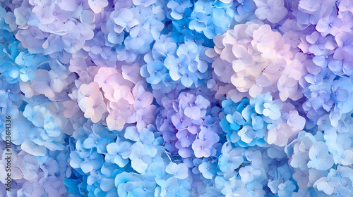 A soft pastel background covered with blooming hydrangeas in shades of blue and purple