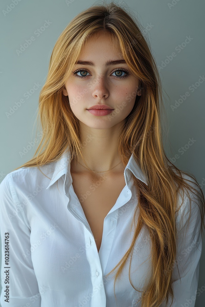 Portrait of a young woman with long blonde hair in a white shirt, looking directly at the camera Portrait of a young woman with long blonde hair in a white shirt, looking directly at the camera