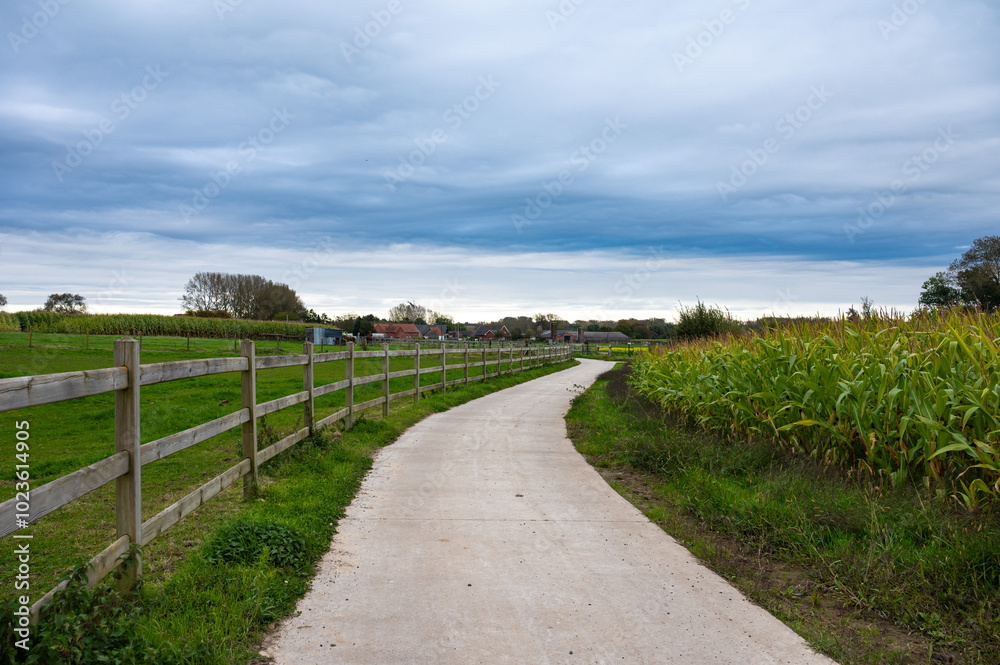 Curved cycling path through the fields of the Flemish countryside in Erpe-Mere, East Flanders, Belgium Curved cycling path through the fields of the Flemish countryside in Erpe-Mere, East Flanders, Belgium