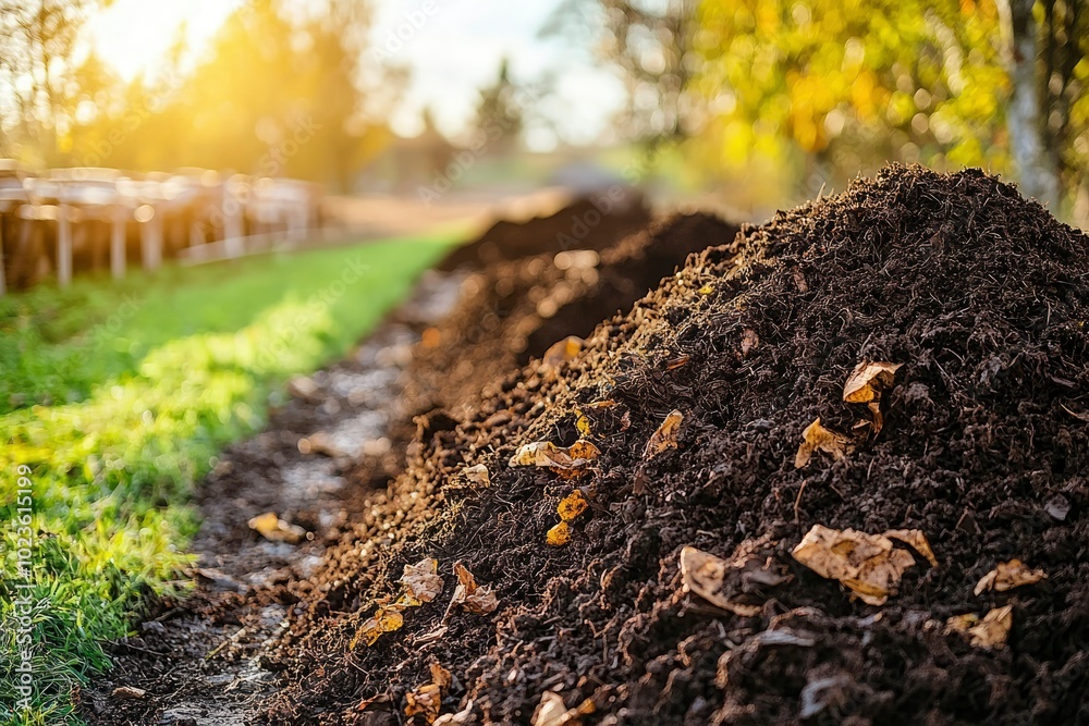 A Heap of Compost with Fallen Leaves in a Garden Setting A Heap of Compost with Fallen Leaves in a Garden Setting