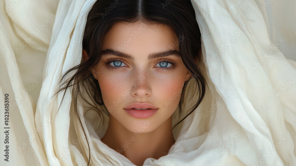 Close-up portrait of a young woman with freckles, wrapped in a light fabric, studio shot Close-up portrait of a young woman with freckles, wrapped in a light fabric, studio shot
