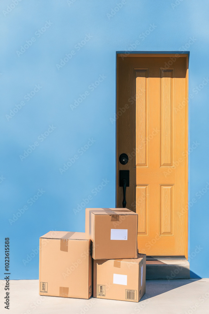 Packages by the door with shadows on the wall, delivery concept, background Packages by the door with shadows on the wall, delivery concept, background