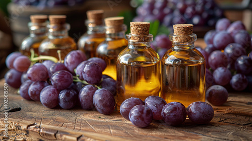 Illustration of healthy food, a small container of grape seed oil, and ripe grapes on the table. And an unusual background.