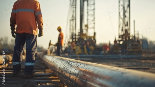 Two workers monitor drilling equipment while wearing safety gear at sunset on a construction site photo