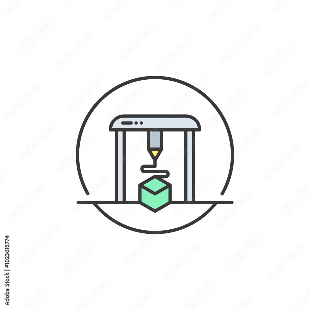 This icon representation of a 3D printer in action, producing a green cube. The icon is enclosed in a circle and labeled This icon representation of a 3D printer in action, producing a green cube. The icon is enclosed in a circle and labeled