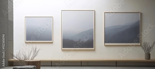 Minimalist Interior With Three Matching Prints Of Misty Mountains Above A Long Floating Shelf