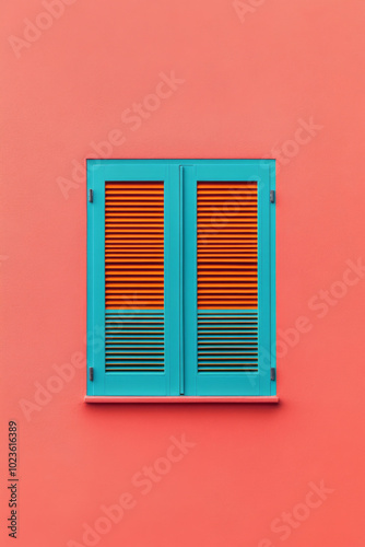 Bright color window with closed shutters on vibrant wall background