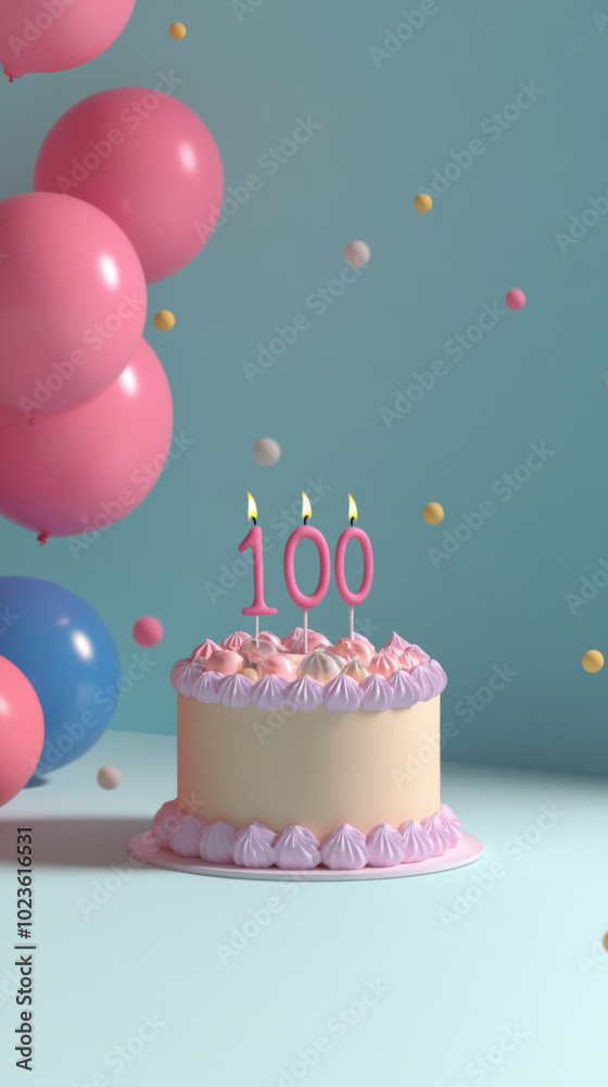 Birthday cake with candles for 100 years, balloons in background Birthday cake with candles for 100 years, balloons in background