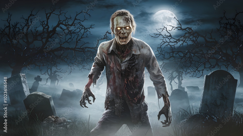 Fototapeta premium Terrifying Zombie with Decayed Flesh and Glowing Eyes in Eerie Graveyard Landscape under Moonlit Sky
