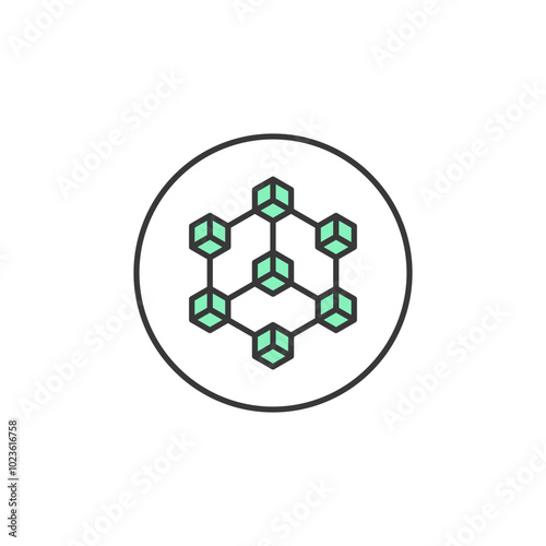 This icon represents a decentralized network of interconnected nodes, symbolizing secure, transparent, and data transactions. It highlights the innovative potential of distributed ledger technology