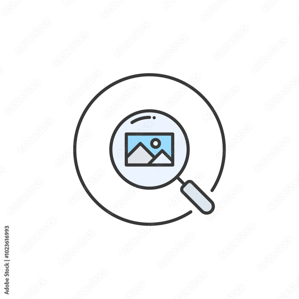 This icon illustrates a magnifying glass examining an image, symbolizing advanced image recognition technology. It represents innovative visual search capabilities for precise image identification. This icon illustrates a magnifying glass examining an image, symbolizing advanced image recognition technology. It represents innovative visual search capabilities for precise image identification.