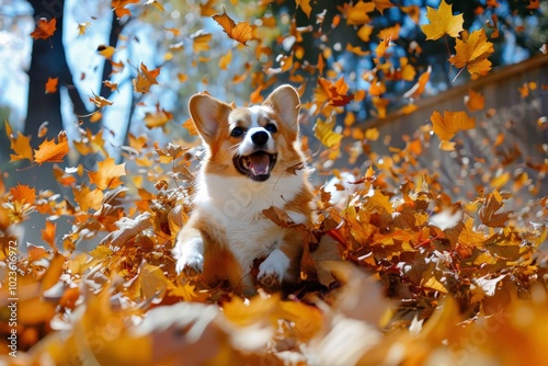 Playful Corgi Amidst Autumn Leaves