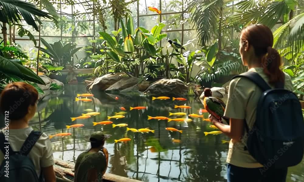 A woman is holding a bird while standing in front of a pond with fish Video A woman is holding a bird while standing in front of a pond with fish Video