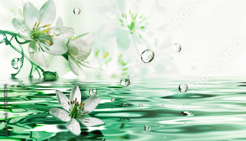 White flower is floating on top of a body of water. The water is green and has a few bubbles. Concept of calmness and serenity © Людмила Мазур