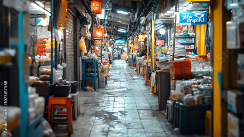 Vibrant market alley with colorful stalls and dim lighting.